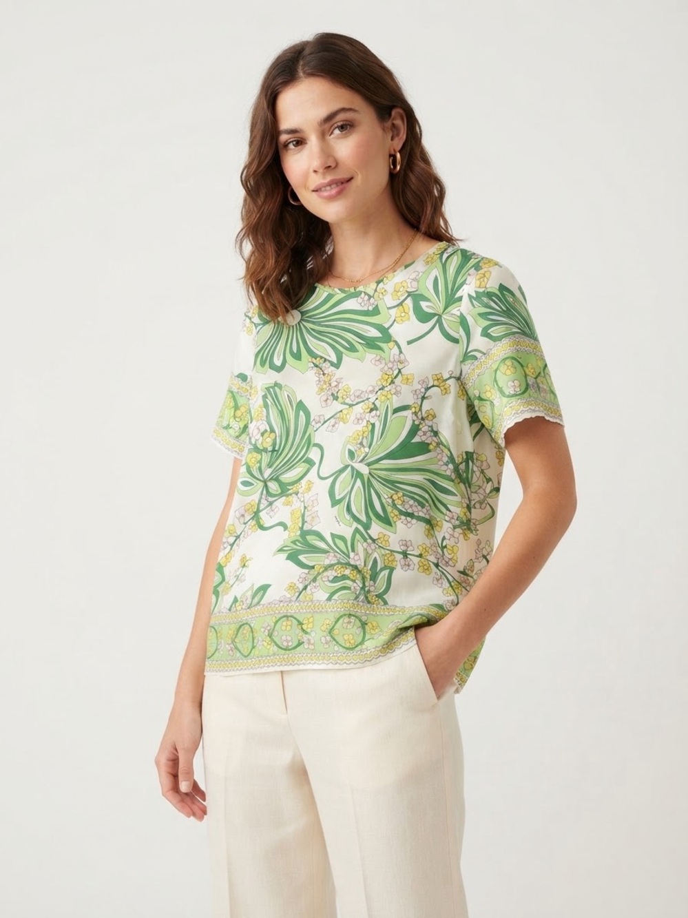 P.A.R.O.S.H. Italian Designer Green Floral Silk Short Sleeve Blouse Size S Boho
